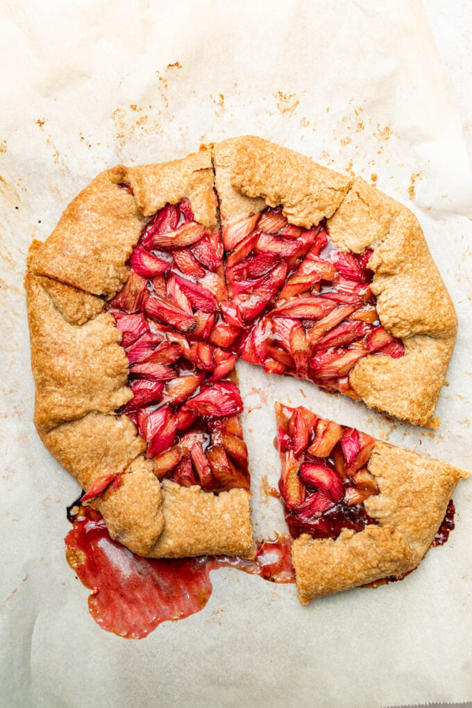rhubarb galette sliced on parchment 