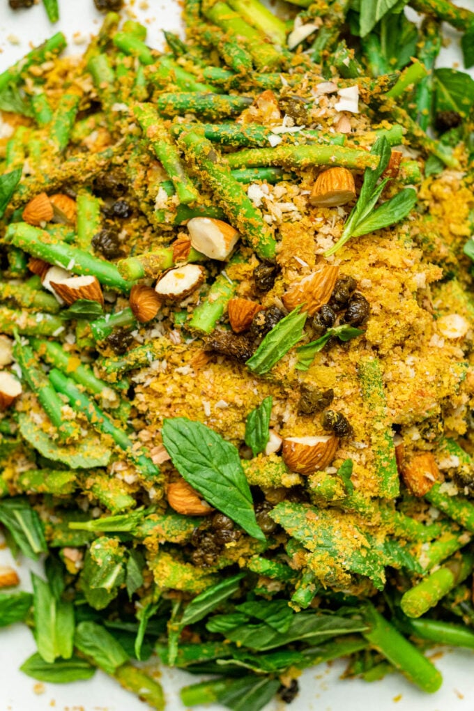 asparagus salad with mint, almonds, bread crumbs